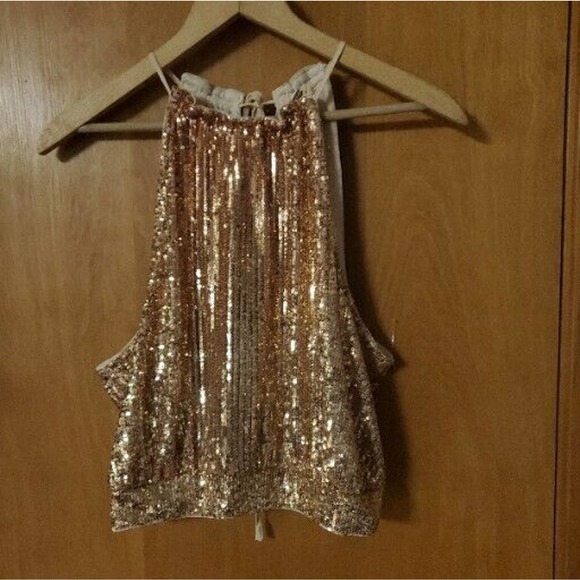 Free People Lights Out Gold Sequin Halter Tank Top Open Tie Back Large EUC - Picture 3 of 6